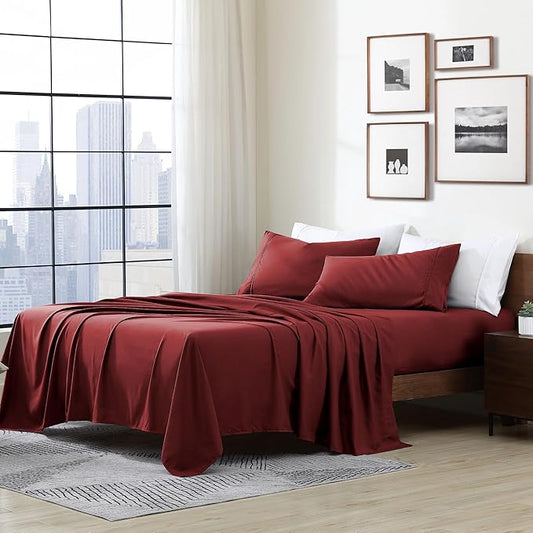 Cathay Home Essentials Ultra Soft Hypoallergenic Wrinkle Resistant Double Brushed Microfiber Bedding Sheet Set, Burgundy, Full