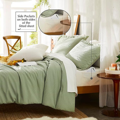 Geniospin King Comforter Set - 7 Pieces Textured Sage Green Bedding Sets, Shabby Chic Comforter Set, All Season Comfortable Bed in a Bag with Comforter, Sheets, Pillowcases & Shams