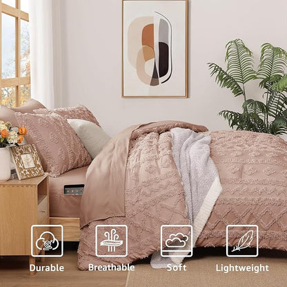 WRENSONGE Twin-XL Size Comforter Set with Sheets - 7 Pieces Rusty Pink Tufted Bed in a Bag Twin-XL Shabby Chic Bedding Sets with 1 Comforter, 2 Sheets, 2 Pillowcases & 2 Shams