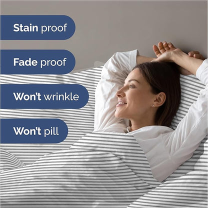 Duvet Cover Queen Size Set - Extra Soft Queen Duvet Cover 90" x 90" with 2 Pillow Shams - Hotel Luxury, Easy Care & Fade Free with Zipper Closures & Ties - Comfy, Cozy and Breathable (Grey Stripes)