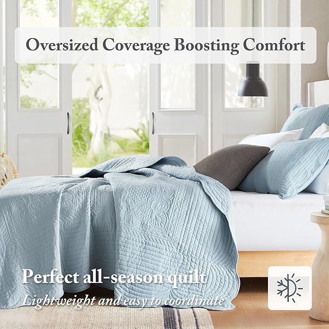 Madison Park King Quilt Set Damask Coverlet Set for King Size Bed, Cottage Oversized Quilt Set, Scallop Edge, All Season, Pre-Washed Cotton-Filled King Size Quilt, Tuscany, King/Cal King Blue 3 Piece