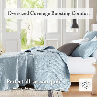 Madison Park King Quilt Set Damask Coverlet Set for King Size Bed, Cottage Oversized Quilt Set, Scallop Edge, All Season, Pre-Washed Cotton-Filled King Size Quilt, Tuscany, King/Cal King Blue 3 Piece