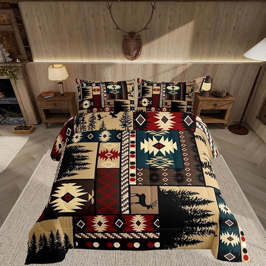 Feelyou Boho Comforter Set Full Size Rustic Comforter for Boys Girls Teens Cabin Bedding Set Vinatge Duvet Set Room Decor Brown Quilt Set