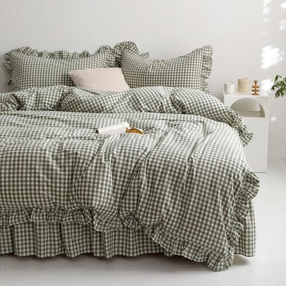mixinni Green Gingham Ruffle Duvet Cover Full Size 3 Pieces – 100% Washed Cotton, Vintage Plaid Ruffled Bedding Set with Zipper Ties, Soft Checkered Grid Farmhouse Chic Comforter Cover Set