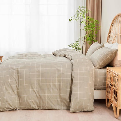 JELLYMONI 100% Natural Cotton 2pcs Plaid Duvet Cover Sets, Checkered Twin Comforter Cover, 1 Duvet Cover and 1 Pillow Case with Zipper Closure & Corner Ties, Khaki