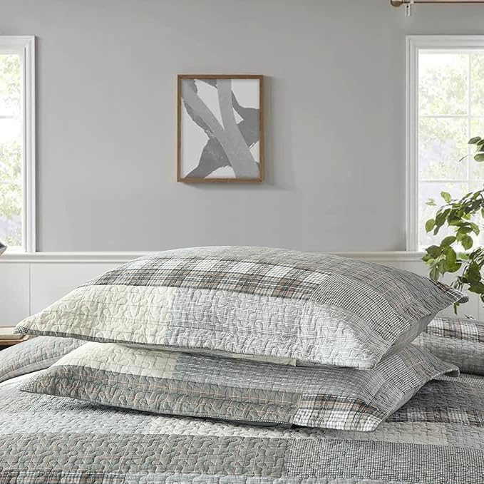 PANGUSHAN Quilts Set Queen Size,100% Cotton Patchwork Plaid Queen Quilt Bedding Set Bedspread for Queen Bed,Grey(Gray)/Cream/Khaki Farmhouse Rustic Reversible Lightweight Comforter Bed Cover,3 Pieces
