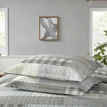PANGUSHAN Quilt Set King Size,100% Cotton Quilt Bedspread Bedding Set,Grey(Gray)/Cream/Khaki Patchwork Plaid Farmhouse Rustic Reversible Lightweight Comforter Bed Cover King Bed,All Season,3 Pieces