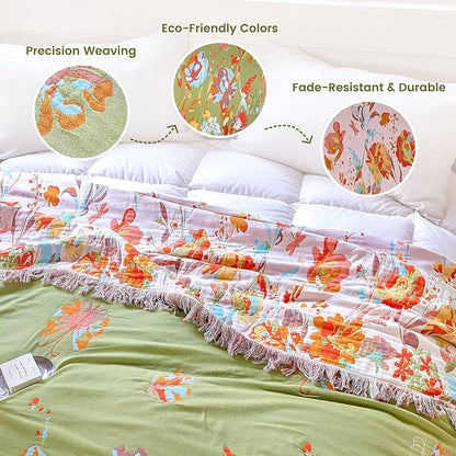MSGKV Boho Throw Blanket 60"x80" Floral 100% Cotton Blanket with Flower and Butterfly for Bed Couch Spring Breathable Lightweight Farmhouse Twin Blankets Home Decor Muslin