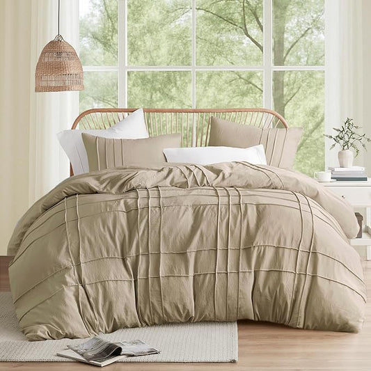 Comfort Spaces Khaki Cal King Size Comforter Set - 3 Pieces Pintuck Pleated Bedding Sets, All Season Lightweight, Extra Softness Pre-Washed Microfiber Cal King Bed Set, Shams, Cal King