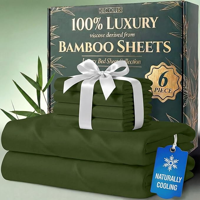 DECOLURE 100% Viscose Derived from Bamboo Sheets Queen Size - Luxury 6 Pc Naturally Cooling Sheets, Ultra Soft Bed Set - Deep 17" Pockets, Durable Double Stitching, Oeko Tex Standard (Olive)