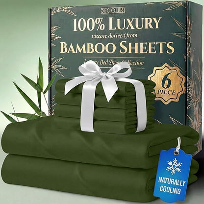 DECOLURE 100% Viscose Derived from Bamboo Sheets Queen Size - Luxury 6 Pc Naturally Cooling Sheets, Ultra Soft Bed Set - Deep 17" Pockets, Durable Double Stitching, Oeko Tex Standard (Olive)