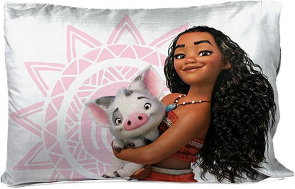 Jay Franco Disney Moana 2 Pack Reversible Pillowcases - Tropical Patchwork Double Sided Pillow Cover - Features Pua, Kids Super Soft Bedding