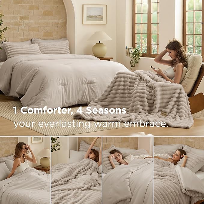 Bedsure Gentlesoft™ 2-in-1 King Size Comforter Set and Detachable Fluffy Blanket, Beige Bedding Set for All Season Use, SnapTech™ Design for Space Saving (Includes 2 Pillow Shams, 2 Pillowcases)