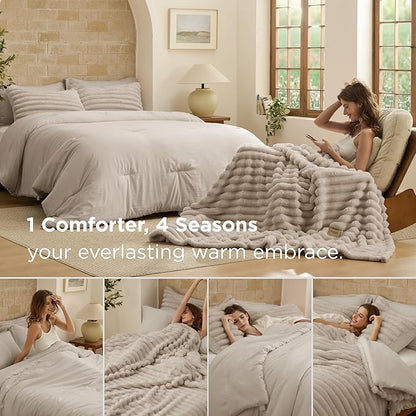 Bedsure Gentlesoft™ 2-in-1 King Size Comforter Set and Detachable Fluffy Blanket, Beige Bedding Set for All Season Use, SnapTech™ Design for Space Saving (Includes 2 Pillow Shams, 2 Pillowcases)