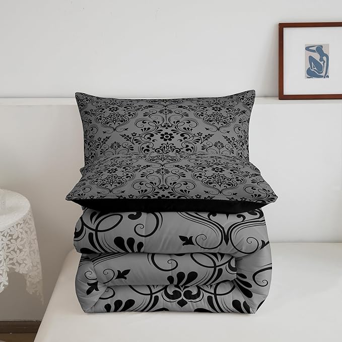 Feelyou Adults Black Vintage Damask Floral Comforter Set Oriental Antique Comforter Twin Size Gothic Bohemia Boho Flower Bedding Set Bohemian Exotic Duvet Set Quilt Set 2Pcs