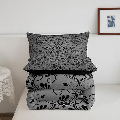 Feelyou Adults Black Vintage Damask Floral Comforter Set Oriental Antique Comforter Full Size Gothic Bohemia Boho Flower Bedding Set Bohemian Exotic Duvet Set Quilt Set 3Pcs