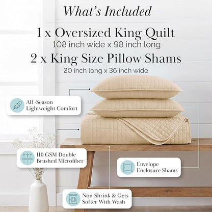 Southshore Fine Living, Inc. Oversized King Quilt Bedding Set, Soft Microfiber, Easy Care Pet Hair Resistant Bedding, California/King Size Quilt Coverlet, Beige Bedspread Set w/2 Shams, Soft Sand