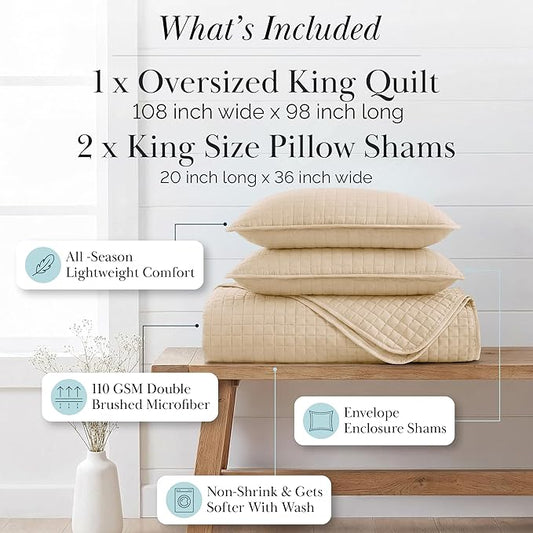 Southshore Fine Living, Inc. Oversized King Quilt Bedding Set, Soft Microfiber, Easy Care Pet Hair Resistant Bedding, California/King Size Quilt Coverlet, Beige Bedspread Set w/2 Shams, Soft Sand