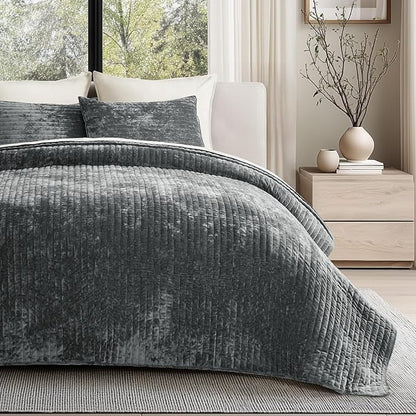 EVERGRACE Velvet Quilt Set California King 118'' x 106'', Luxurious Soft Striped Channel Bedding Set, Lightweight Velvet Comforter for All Season, Oversized Bedspread Coverlet w/ 2 Shams Charcoal Gray