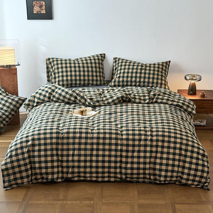VM VOUGEMARKET Teal Beige Plaid Duvet Cover Set 100% Washed Cotton Linen Like Textured Breathable Durable Comfy Modern Bedding Set for Boys Men (Queen 90"x90")