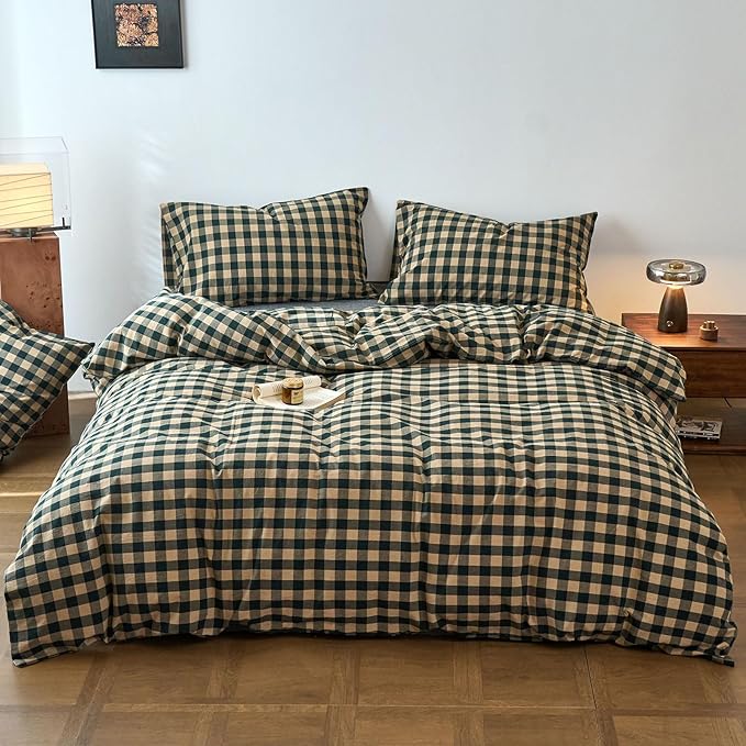 VM VOUGEMARKET Rustic Farmhouse Washed Cotton Duvet Cover King – Teal Beige Plaid Gingham, Casual Lightweight Bedding Set for Cozy Bedroom Decor