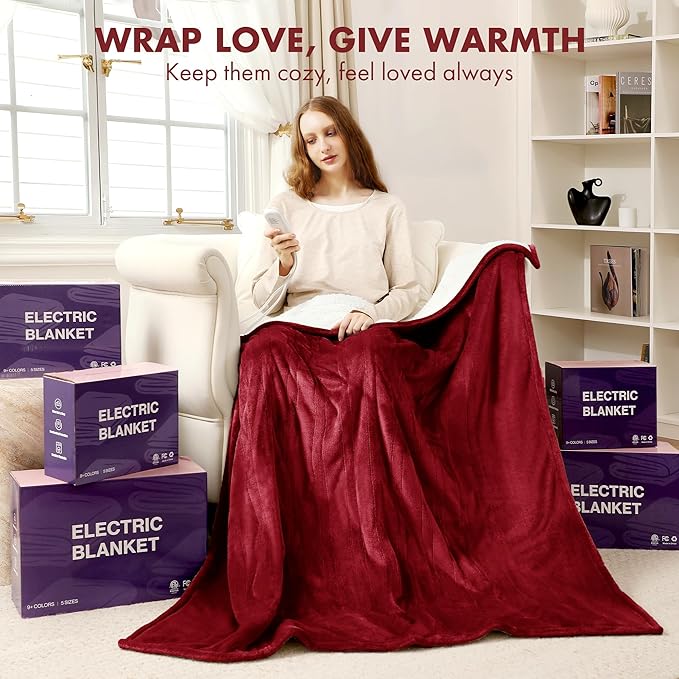 Electric Blanket Full Size 72" x 84" - Fluffy Ultra Soft Flannel Full Electric Blanket with 6 Heating Levels & 10 Hours Adjustable Timer, Fast Heating and Washable Blanket for Office (Red)