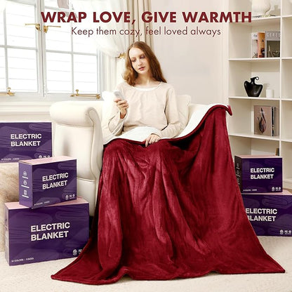 Electric Heated Blanket Twin 62" x 84" - Soft Cozy Flannel Sherpa Electric Blanket with 5 Heating Levels & 10 Hours Auto Off, Heated Lap Blanket for Office and ETL Certified (Red)