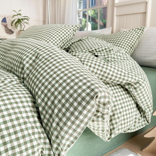 LifeTB Green Gingham Comforter Set King Modern Style Plaid Comforter Set 3 Pieces Boho Grid Comforter with 2 Pillowcases Soft Fluffy Checkered Pattern Comforter Farmhouse Gingham Bedding Set King