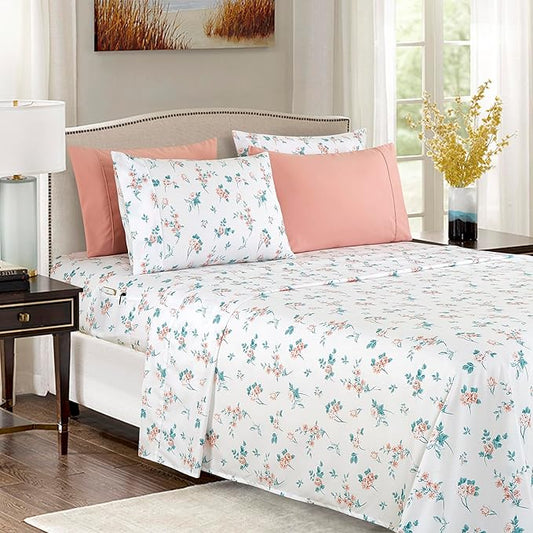Elegant Comfort Softest and Coziest 4-Piece Sheet Set - 1500 Premium Hotel Quality Microfiber - Deep Pocket, Wrinkle Resistant 4-Piece Floral Bed Sheet Set, Twin, Celia Pink