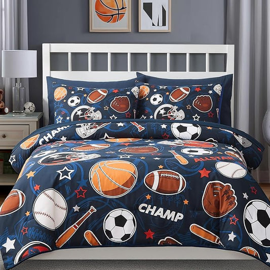 Full Size Comforter Set for Boys-7 Pieces Sports Ball Games Glow in the Dark Full Bedding Sets for Kids, Ultra Soft Bed in A Bag with Sheets