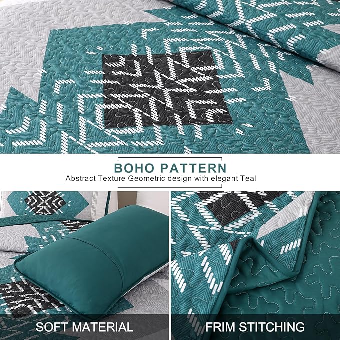 Dintszyayue Boho Quilt Set King 3 Pieces Teal Aztec Texture Bedspread Coverlet Set with 2 Pillowcases Turquoise Soft Lightweight Microfiber Bohemian Quilt Bedding Set for All Season 90"x103"