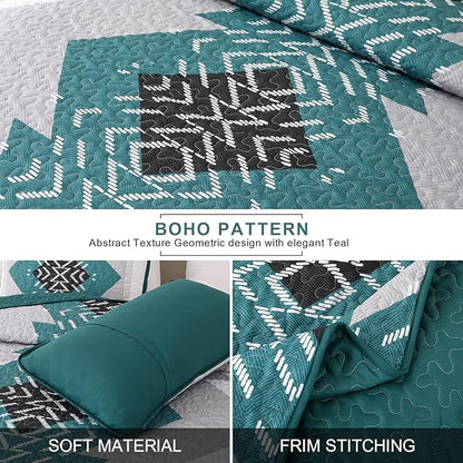 Dintszyayue Boho Quilt Set King 3 Pieces Teal Aztec Texture Bedspread Coverlet Set with 2 Pillowcases Turquoise Soft Lightweight Microfiber Bohemian Quilt Bedding Set for All Season 90"x103"