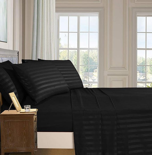 Elegant Comfort Best, Softest, Coziest 6-Piece Sheet Sets! - 1500 Premier Hotel Quality Luxurious Wrinkle Resistant 6-Piece Damask Stripe Bed Sheet Set, King Black