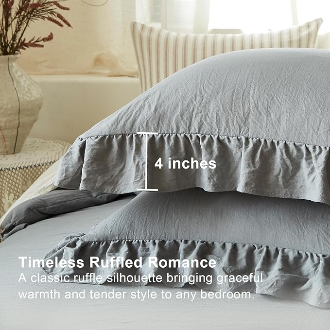 Grey Ruffle Comforter Set King, Pre-Washed Shabby Chic Bedding Set, Lightweight Cottagecore Soft Romantic Cozy 1 Comforter & 2 Shams, All-Season