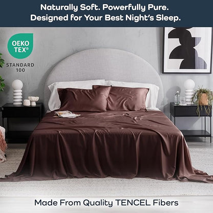 Olive + Crate Tencel Lyocell Eucalyptus Queen Size Sheet Set - Cooling Tencel Sheets for Hot Sleepers with 18 Inch Deep Pocket Fit - Cacao 4-Piece Set