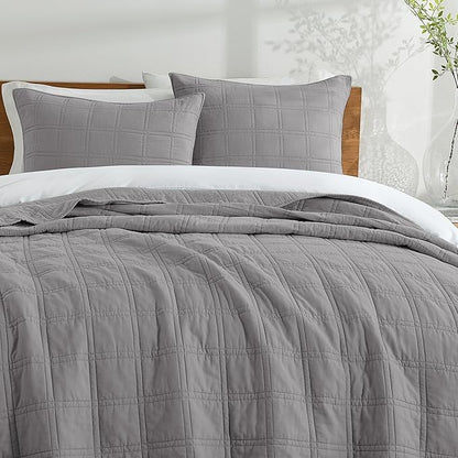 HORIMOTE HOME 100% Cotton Quilt Set Queen Size, Grey Pre-Washed Bedspreads Coverlet Set in Geometric Pattern, Cozy Lightweight Stitching Decorative Bedding Cover with 2 Shams for All Season