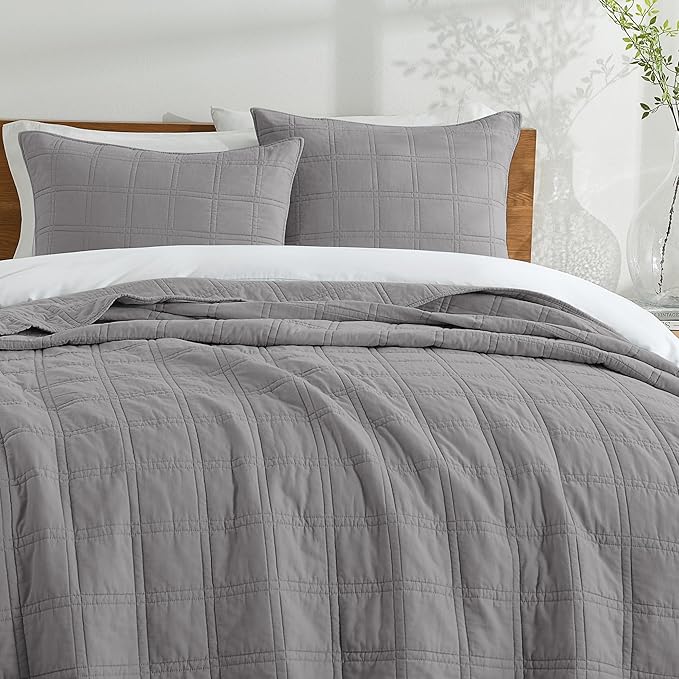 HORIMOTE HOME 100% Cotton Quilt Set Twin Size, Grey Pre-Washed Bedspreads Coverlet Set in Geometric Pattern, Cozy Lightweight Stitching Decorative Bedding Cover with 1 Sham for All Season