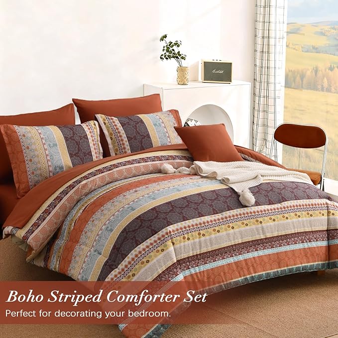 Cottolester Boho Comforter Set King Size,8 Pieces Red and Orange Bohemian Striped Bed in a Bag,Paisley Soft Microfiber Bedding Comforter Set