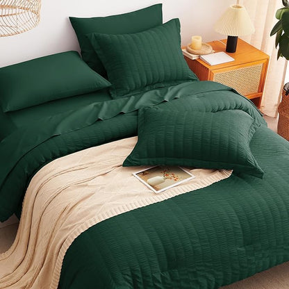 CozyLux Full Size Comforter Sets with Sheets 7 Pieces, Emerald Green Seersucker Bed in a Bag Textured Luxury Soft Bedding Sets with Down Alternative Comforter, Sheets, Pillowcases & Shams All Season