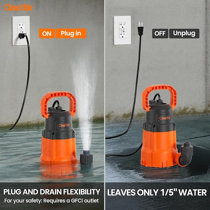 Submersible Utility Water Pump, 2160 GPH Portable Sump Pump with Copper Motor, Plug and Work for Pond, Garden Watering, Pool Transfer, or Hot Tub Emptying