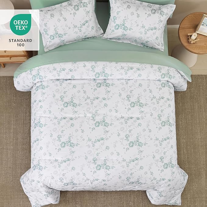 Luxudecor Floral King Comforter Set 7 Pieces Bed in a Bag, Green Rose Romantic Flower Bed Set, Soft Reversible Comforter with Sheet Set 104"x90"