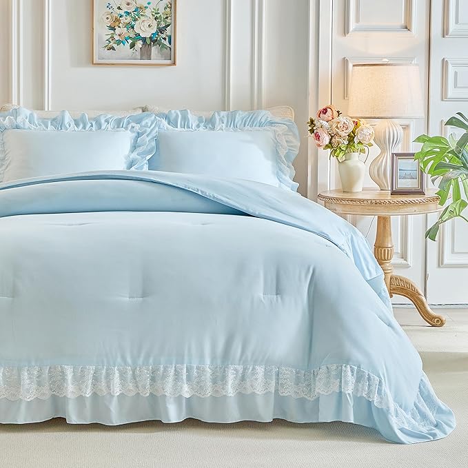 Joyreap Twin Size Comforter Set Blue, 3pcs Lace Ruffled Bedding Comforter Set, Microfiber Vintage Boho Chic Bedding Set for All Season- 68x88 inches