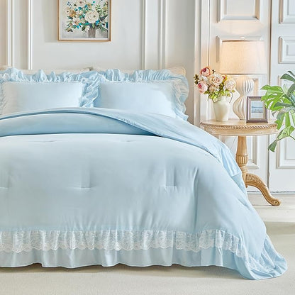 Joyreap Twin Size Comforter Set Blue, 3pcs Lace Ruffled Bedding Comforter Set, Microfiber Vintage Boho Chic Bedding Set for All Season- 68x88 inches