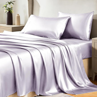 CozyLux Satin Sheets King Size Sheet Set - 4 Piece Silky King Sheets, Luxury Taro Purple King Bed Set with Smooth and Soft Microfiber, Includes 1 Fitted Sheet, 1 Flat Sheet and 2 Pillowcases