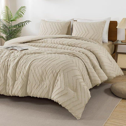 Andency Light Khaki Comforter Set King Size, Boho Soft Warm Tufted Bedding Comforter Sets for King Size Bed, 3 Pieces Aesthetic Chevron Farmhouse Cute Bohemian Textured Bedding Set
