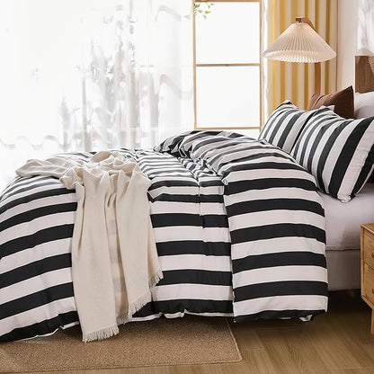 Merryword Black and White Striped Duvet Cover Set Queen Size - 100% Cotton Duvet Cover Set with Zipper Closure & 8 Corner Ties, 3-Piece Luxury Linen Like Bedding Set for All Seasons