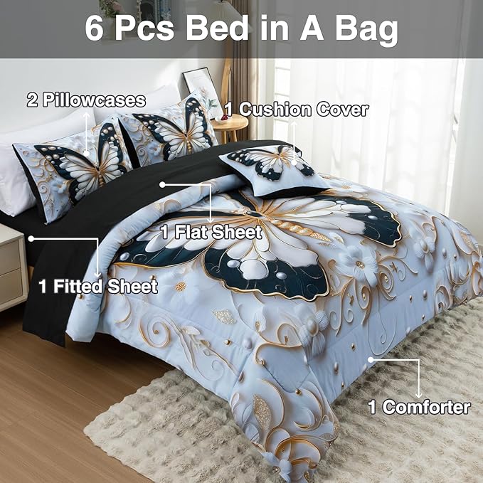 A Nice Night Full 6pcs Bed in A Bag Black and Glod Dreamy 3D Butterfly Pearl Flower Design, Butterflies Printed Bedding Full Comforter Set, for Girls Kids Teens