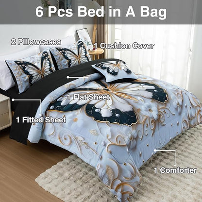 A Nice Night Full 6pcs Bed in A Bag Black and Glod Dreamy 3D Butterfly Pearl Flower Design, Butterflies Printed Bedding Full Comforter Set, for Girls Kids Teens