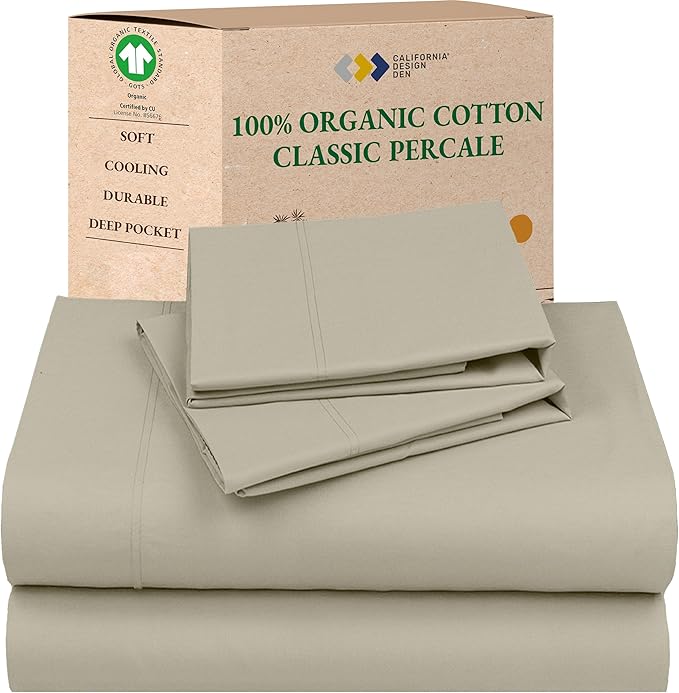 California Design Den Sheets Queen Size Bed Set - Soft 100% 100% Organic Cotton Sheets with Deep Pockets, Crisp Percale, Breathable and Durable Bedding Set - Warm Taupe