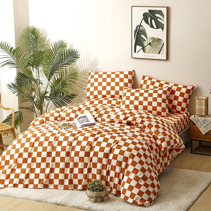 CLOTHKNOW Orange Plaid King Size Comforter Set 3Pcs Grid Bedding Comforter Sets Soft Lightweight Caramel Comforter King Checker Comforter